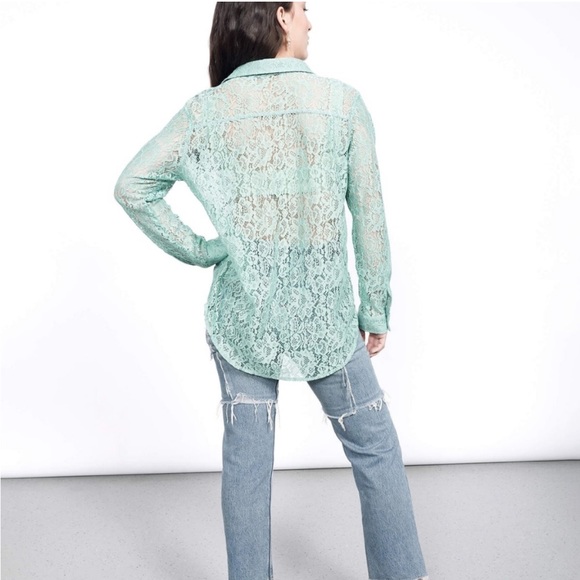WILDFANG The Empower Lace Button Up in Mint Green size XS - Picture 4 of 5